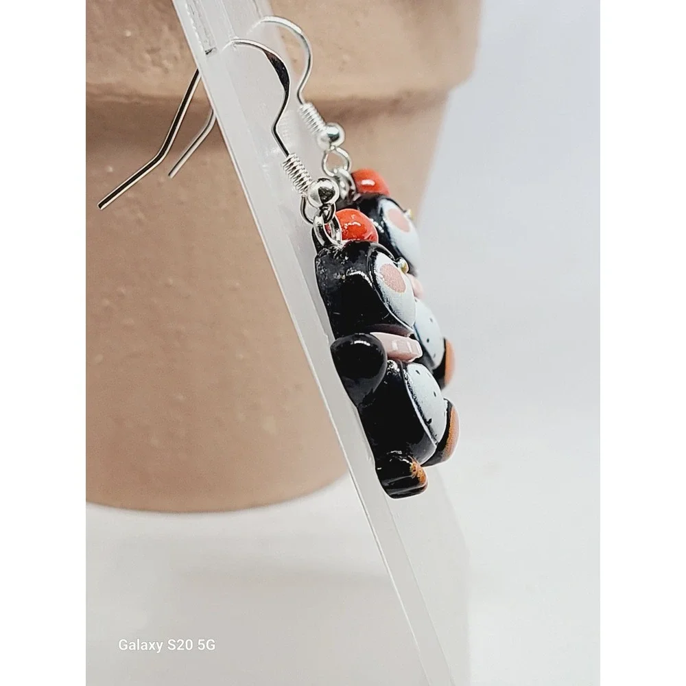 Penguin with Red Beret and‎ Scarf Winter Drop Earrings Silver Tone Hooks NEW